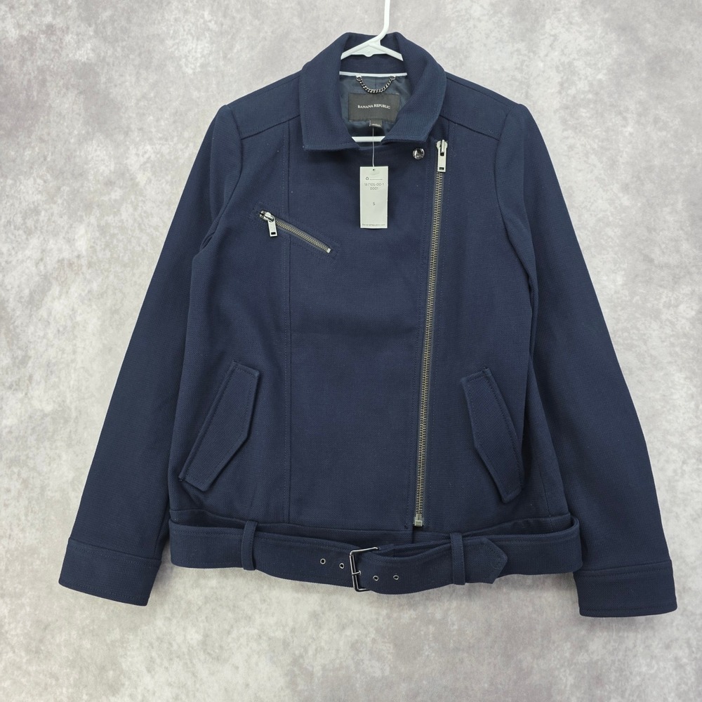 Banana Republic Moto Jacket Women's Small Petite Navy Blue Cotton Biker Full Zip